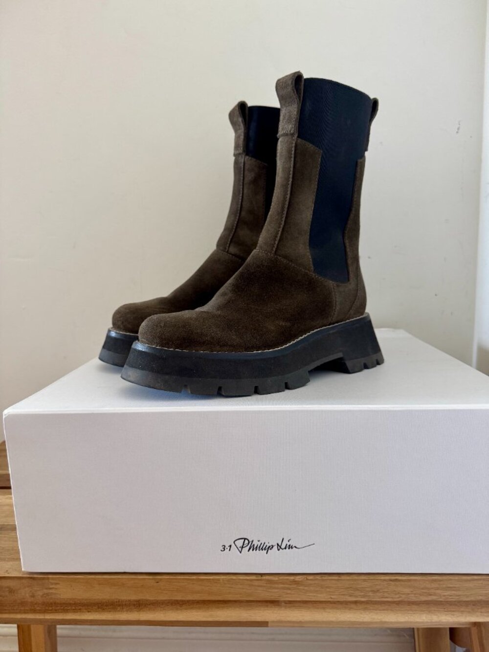 3.1 Phillip Lim Dark Olive Suede Boots- size US6